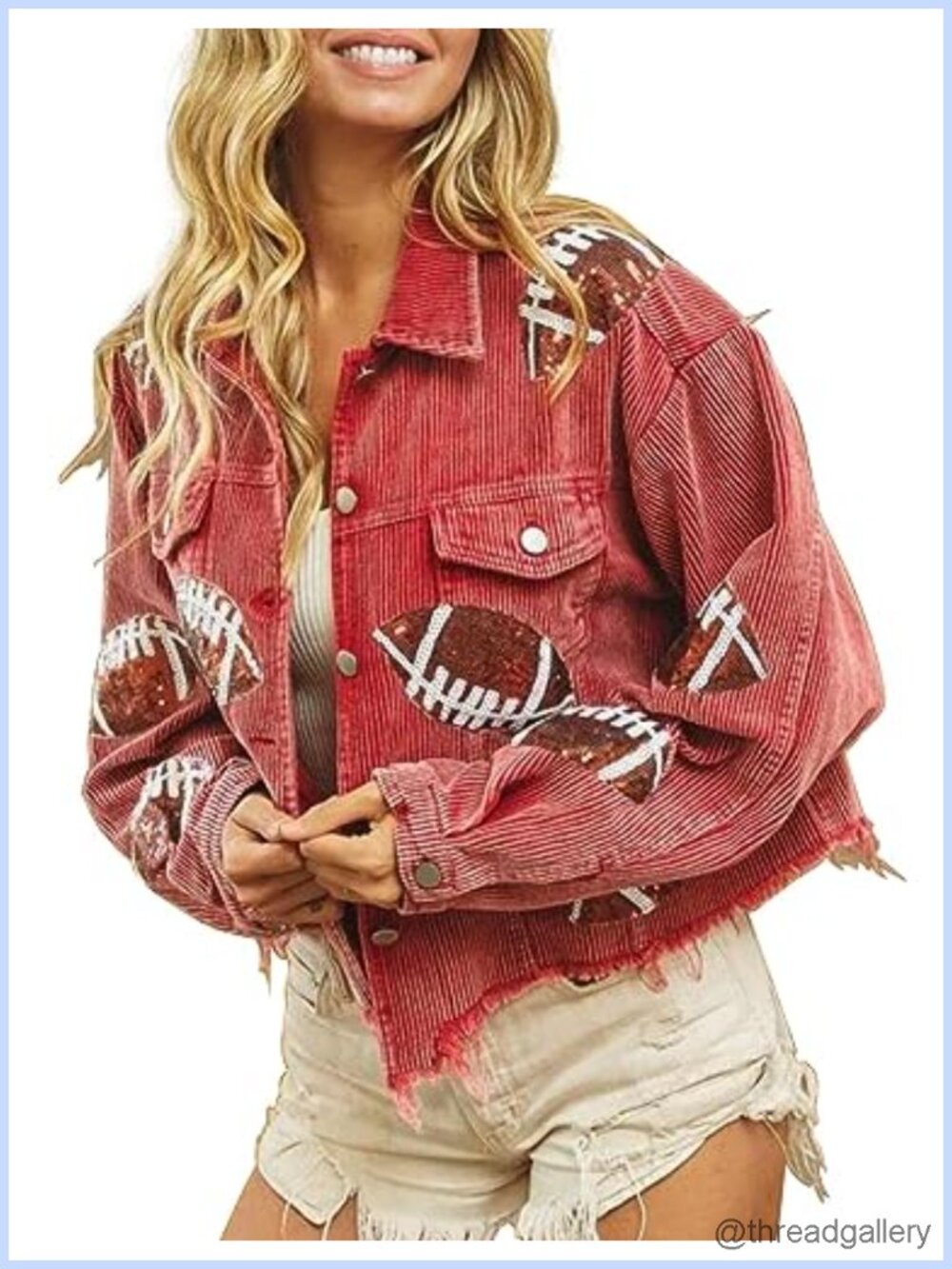 Sequin Embroidered Corduroy Crop Shacket Frayed Hem Women Casual Jacket